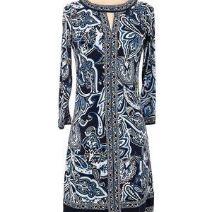INC International Concepts Dress, Navy/White Baroque Print, Boat Neckline, XS